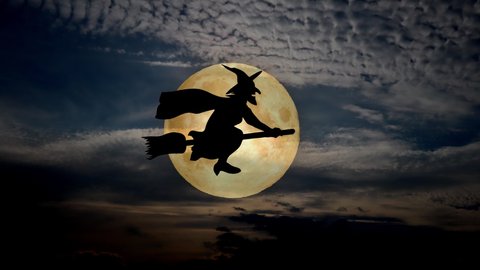 halloweeen scary scene background with night sky and moon, enchantress fly