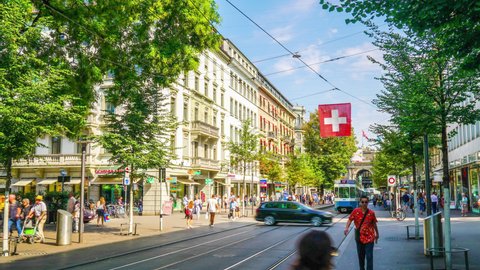 12 07 2019: Zurich Switzerland, circa : Timelapse Shopping Street at Bahnhofstrasse in Zurich, Switzerland