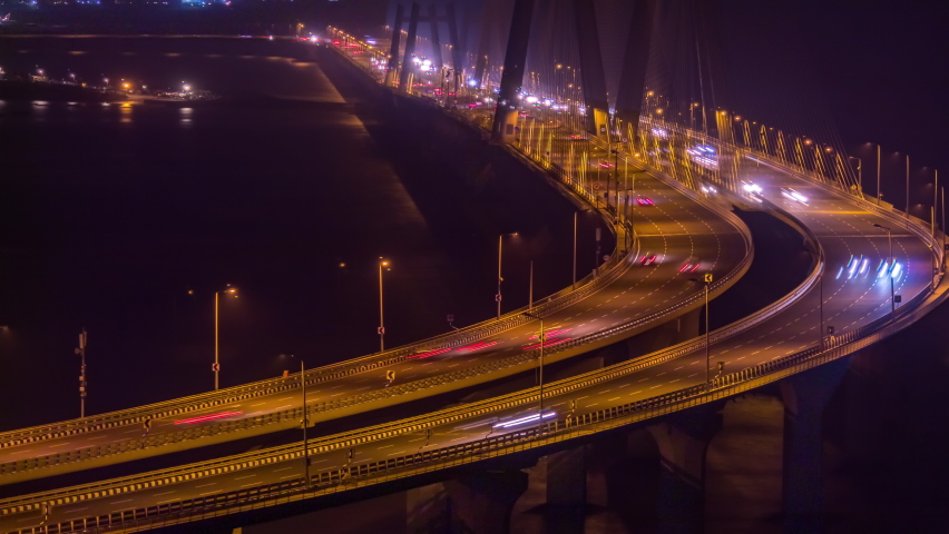 Aerial Time Lapse View of Traffic Passing over Bandra Worli Sea Link in Mumbai, India Royalty-Free Stock Footage #1060471591