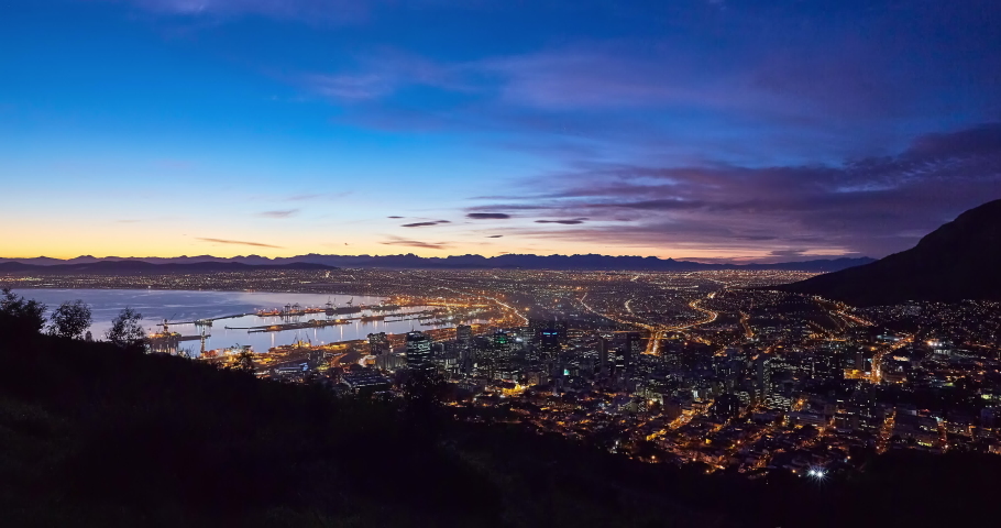 4k time elapse of the city of Cape Town from dawn to sunrise with morning colors in clouds, cape Town,South Africa