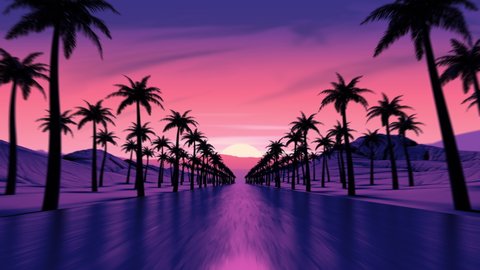 Sunset drive on tropical ocean coast road. Pink colored sun light reflection. Palm tree silhouettes along the highway. Mountains on the skyline. Countryside evening trip. Retro wave style 4K Animation
