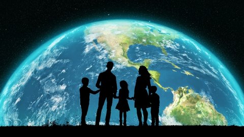 A Silhouette of a Family Watching of an Spinning Earth During Traveling by Solar System. A Close Up of Earth Rising Over the Horizon on Sky Up.Flying Into the Infinite Universe. A Star Is Born