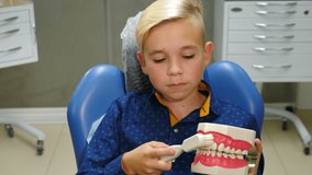 Dentistry concept. Portrait of cute blonde smiling boy sitting in dental chair, posing, holding teeth model cleaning with brush. Child boy cleaning teeth jaw with tooth brush. 4 k video