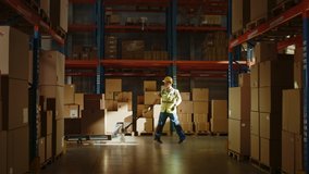 Worker Moves Cardboard Boxes using Hand Pallet Truck, Walking between Rows of Shelves with Goods in Retail Warehouse. Product Delivery Distribution Logistics Center. Side View Slow Motion - Powered by Shutterstock - Get 15% off with code: PIKWIZARD15