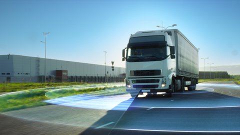 VFX Concept: Big Autonomous Semi-Truck with Cargo Trailer Drives on the Road with Concept Sensors Scanning Surrounding. Graphics and Special Effects of Futuristic Self Driving Truck Analyzing Freeway