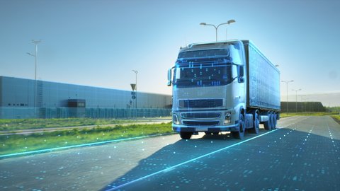 VFX Concept: Big White Semi-Truck with Cargo Trailer Drives on the Road is Transformed with Graphics and Special Effects Into Digitalized Version Digital Twin Futuristic Concept of Autonomous Vehicle