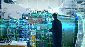 High-Tech Advanced Technology Concept: Visualization Of Futuristic Airplane Engine Maintenance Conducted by Engineer Holding Digital Tablet Computer. Animation of Analytics Checking of Plane Turbine - Powered by Shutterstock - Get 15% off with code: PIKWIZARD15