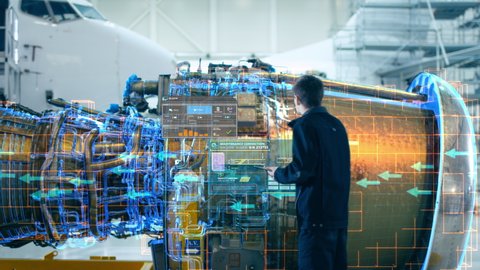 High-Tech Futuristic Technology Concept: Visualization Of Futuristic Airplane Engine Maintenance Conducted by Engineer Holding Digital Tablet Computer. Animation of Analytics Checking of Plane Turbine