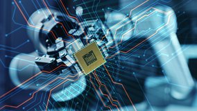 VFX Animation Concept: Modern Authentic Robot Arm Holding Contemporary Super Computer Processor Smoothly Moving into Focus.CPU Microchip Digitilizes and Sends Data Power Lines with Computer Vision - Powered by Shutterstock - Get 15% off with code: PIKWIZARD15