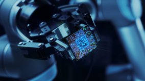 Futuristic Animation Concept: Modern Authentic Robot Arm Holding Contemporary Super Computer Processor Moving into Focus.CPU Microchip Digitilizes and Sends Data Power Lines with Computer Vision - Powered by Shutterstock - Get 15% off with code: PIKWIZARD15