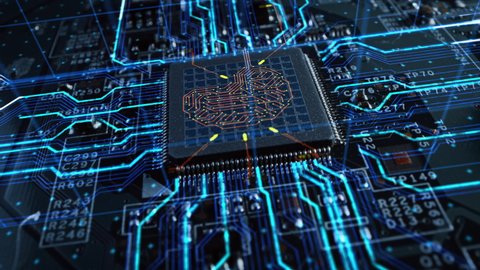 VFX Concept Visualization: Circuit Board CPU Processor Microchip Starting Artificial Intelligence Digitalization of Neural Networking and Cloud Computing Data. Digital Lines Connect into 3D Brain