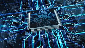 Advanced Technology Concept Visualization: Circuit Board CPU Processor Microchip Starting Artificial Intelligence Digitalization of Neural Networking and Cloud Computing Data. Digital Lines Move Data - Powered by Shutterstock - Get 15% off with code: PIKWIZARD15