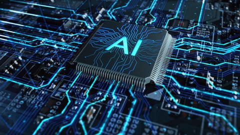 Futuristic High-Tech Concept Visualization: Motherboard CPU Processor Microchip Starting Artificial Intelligence Digitalization of Data information Processing. Digital Lines Connect into AI Symbol