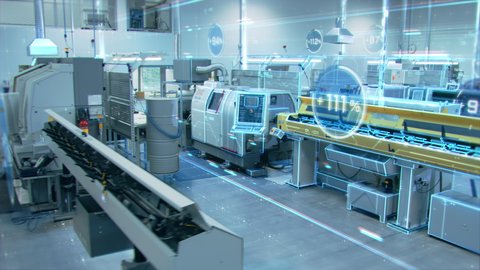 Futuristic Animation: Factory Digitalization with Information Showing Efficiency Percentage of High-Tech Modern Electronics Facility. CNC Machinery Manufacturing Products Using IoT Industry 4.0