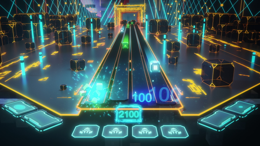 Advanced 3D Animation: Action Virtual Arcade Video Game, Shooting Cubes in Cyberspace and Scoring Points. Colorful Immersive Fun for Skilled and Intelligent Players. Entertainment with Creative Design | Shutterstock HD Video #1060479127