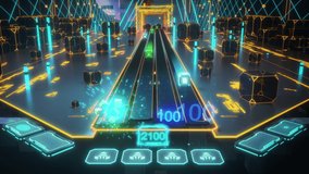 Advanced 3D Animation: Action Virtual Arcade Video Game, Shooting Cubes in Cyberspace and Scoring Points. Colorful Immersive Fun for Skilled and Intelligent Players. Entertainment with Creative Design