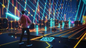 Futuristic 3D Animation: Person Wearing Virtual Reality Headset Plays Augmented Reality Action Video Game, Fighting Cubes with Laser Swords, Scoring Points. Colorful Immersive Futuristic Fun