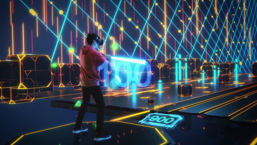Advanced 3D Animation: Player Wearing Virtual Reality Headset Plays Augmented Reality Arcade Video Game, Fighting Cubes with Laser Swords, Scoring Points. Colorful Immersive Fun, Entertainment
