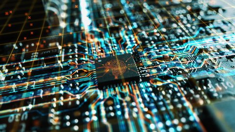 Futuristic Concept Visualization: Circuit Board CPU Processor Microchip Starting Artificial Intelligence Digitalization of Data. Digital Lines Connect into Brain Symbol.