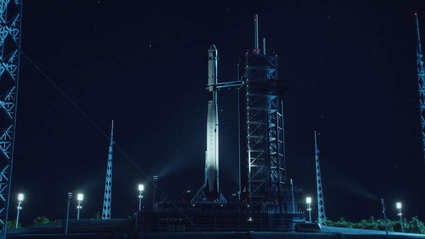 Launch Pad Complex at Night: Successful Rocket Launching with Crew on a Space Exploration Mission. Flying Spaceship Blasts Flames and Smoke on a Take-off. Humanity in Space, Conquering Universe Royalty-Free Stock Footage #1060479145
