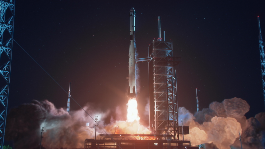 Launch Pad Complex at Night: Successful Rocket Launching with Crew on a Space Exploration Mission. Flying Spaceship Blasts Flames and Smoke on a Take-off. Humanity in Space, Conquering Universe | Shutterstock HD Video #1060479145