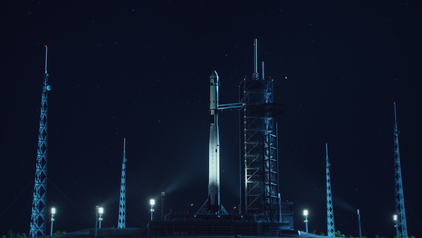 Advanced Launch Pad Complex at Night: Successful Rocket Launching with Crew on a Space Exploration Mission. Flying Spaceship Blasts Flames and Smoke on a Take-off. Humanity in Space, Conquering Space Royalty-Free Stock Footage #1060479154