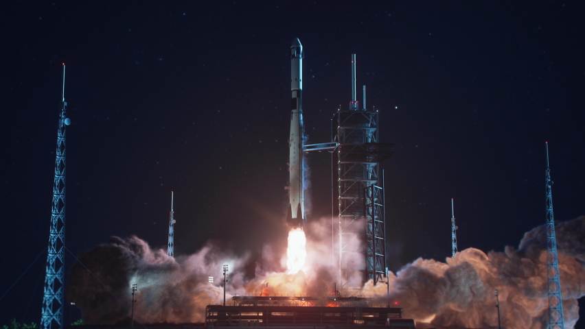 Advanced Launch Pad Complex at Night: Successful Rocket Launching with Crew on a Space Exploration Mission. Flying Spaceship Blasts Flames and Smoke on a Take-off. Humanity in Space, Conquering Space