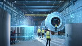 Futuristic Technology Concept: Team of Engineers and Professionals Workers in Industry Manufacturing Factory that is Digitalized with Graphics into Connected Automated Machinery.High-Tech Industry 4.0 - Powered by Shutterstock - Get 15% off with code: PIKWIZARD15