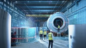Futuristic Technology Concept: Team of Engineers and Professionals Workers in Heavy Industry Manufacturing Factory that is Digitalized with Graphics into Digital Twin of Industry 4.0 High Tech - Powered by Shutterstock - Get 15% off with code: PIKWIZARD15