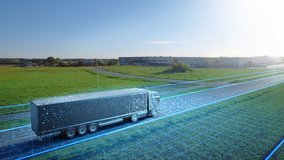 Futuristic High-Tech Concept: Big Semi Truck with Cargo Trailer Drives on the Road is Transformed with Graphics Special Effects Into Digitalized Advanced Autonomous Truck Concept. Aerial Drone Shot - Powered by Shutterstock - Get 15% off with code: PIKWIZARD15