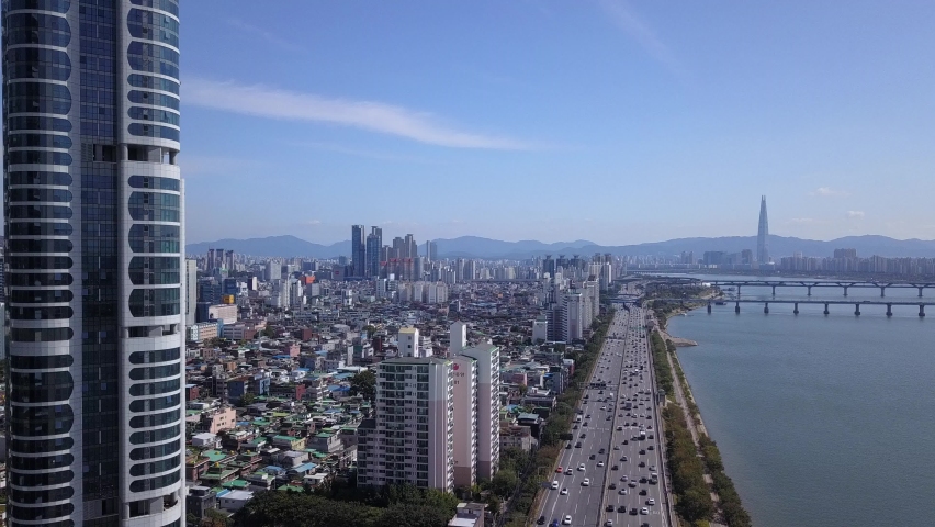 Aerial view of Seoul city at han river in Seoul,South Korea. Royalty-Free Stock Footage #1060479613