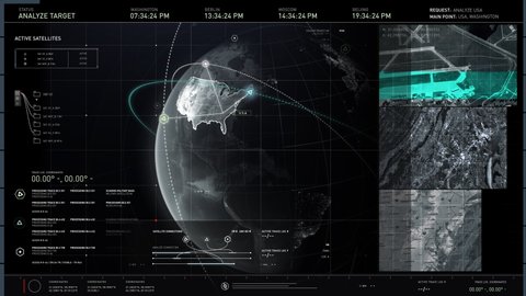 Satellites from different countries fly in near-earth orbit. The system has found three closest satellites to scan Washington. USA. Computer user interface. Secret military spy satellite system.