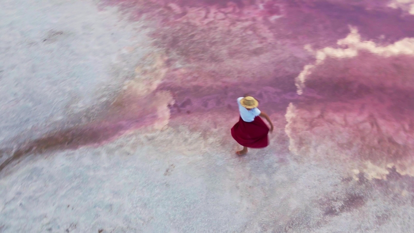 happy carefree beautiful young woman in red skirt and straw hat joyfully walking in water of amazing pink lake with calm surface and clouds reflections Royalty-Free Stock Footage #1060483987