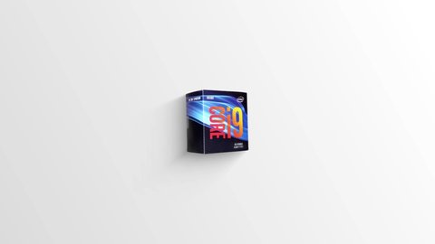Intel Core i9 Box on a white background, the appearance of a running stripe icon. Creative video for product presentation. 3D animation for your media project: Chita. Russia. 10.10.2020