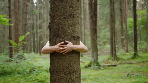 Man with his hands hugs a tree trunk, unity with nature, environmental protection