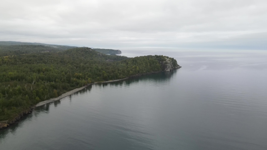 aerial view of north shore minnesota lake superior during a foggy afternoon
