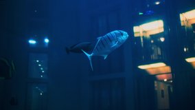 Close-up: a variety of fish swim behind the glass of a huge aquarium in the restaurant. Behind them, a multi-storey building and moving elevators and lights are reflected in the water. Slow motion. - Powered by Shutterstock - Get 15% off with code: PIKWIZARD15