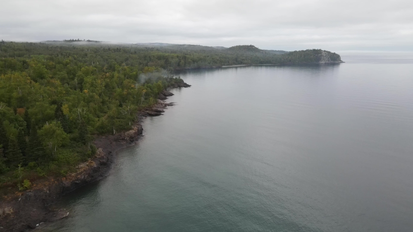 Aerial view over Lake Superior on the North Shore Minnesota