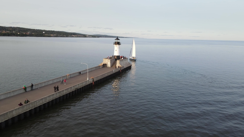 Lighthouse by canal park duluth, minnesota aerial view, Lake Superior