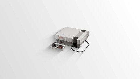 Nintendo Dandy Retro on a white background, the appearance of a running stripe icon. Creative video for product presentation. 3D animation for your media project: Chita. Russia. 10.10.2020