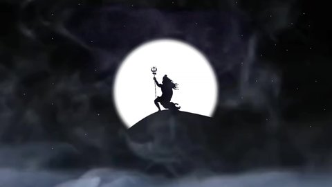 Special Effects -  Lord Shiva silhouette on mount Kailash with background of moon & Lighting thunders isolated on dark black background. Maha Shivratri - Hindu festival celebrated of Lord Shiva 4K