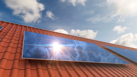 Solar panel cells on the red roof tiles produce electricity energy for comfortable life and saving money. Sun energy is modern technology and ecological power for healthy lifestyle, 3d animation.