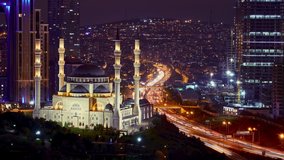 Evening panorama cityscape from Atasehir region of Istanbul, Turkey. Time lapse clip contains city lights, traffic of cars, construction of buildings, cranes and big mosque. 