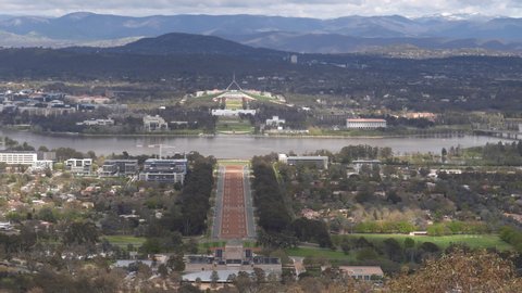 tilt up clip of canberra from mt ainslie lookout on a spring morning in the australian capital territory of australia