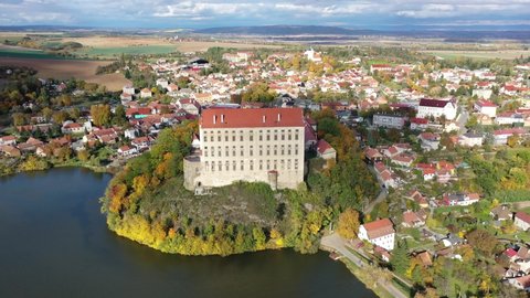 Aerial view of picturesque Czech town Plumlov with castle, Olomouc Region