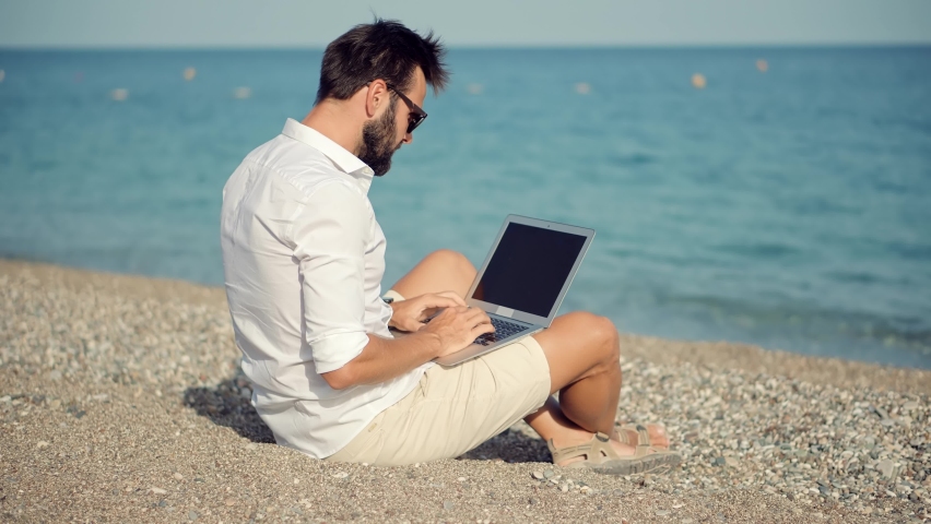 Freelancer Chatting Outsource. Businessman Internet Online Meeting Webinar.Remote Working In Internet On Vacation.Freelance On Sea.Distance Work And Checking Email.Mobile Worker Software Developer Job | Shutterstock HD Video #1060514899