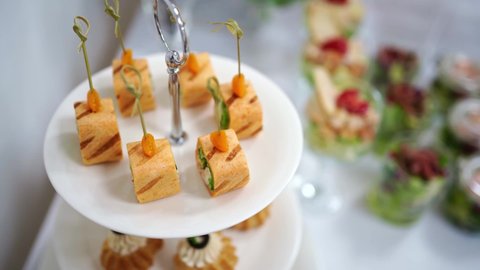 catering. buffet. snacks for children's holiday - canapes, sandwiches, rolls, salads.