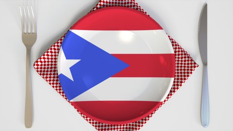 Top-down view of the plate with flag of Puerto Rico, national cuisine conceptual animation 3d