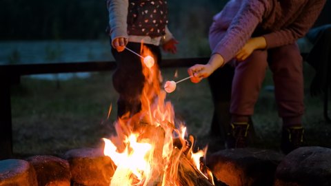 Little Girl with Mother Roasting Marshmallows over Campfire at Night. Slow Motion. Camping, Traveling, Tourism, Vacation Lifestyle and People concept