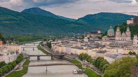 Salzburg Austria time lapse 4K, city skyline timelapse of Salzburg city and Fortress Hohensalzburg